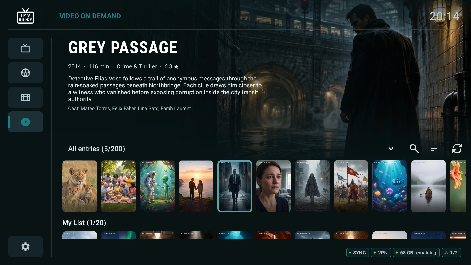Cinematic browsing in the IPTV Buddy TV app with the thriller Grey Passage focused, showing its matching backdrop, story, and cast