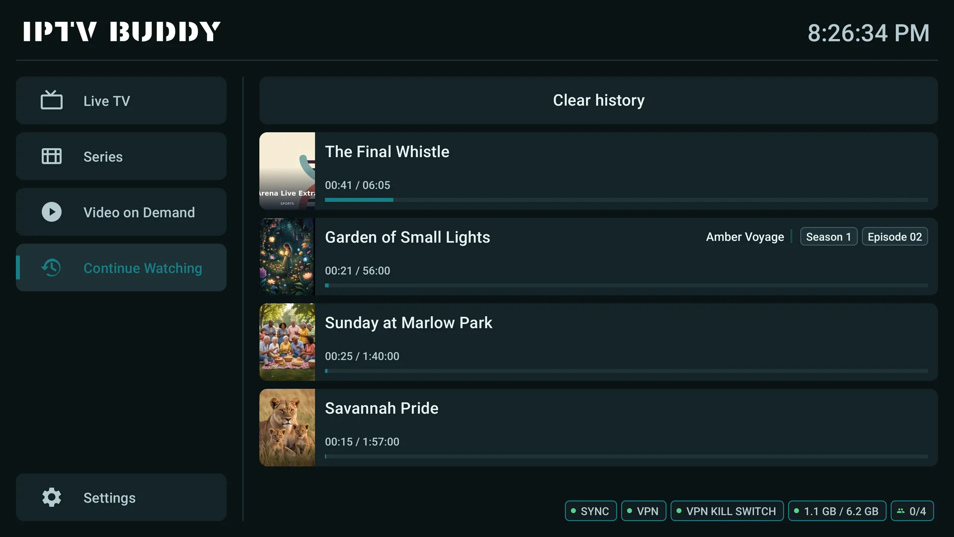 Continue Watching view with a recording, a series episode, and several films
