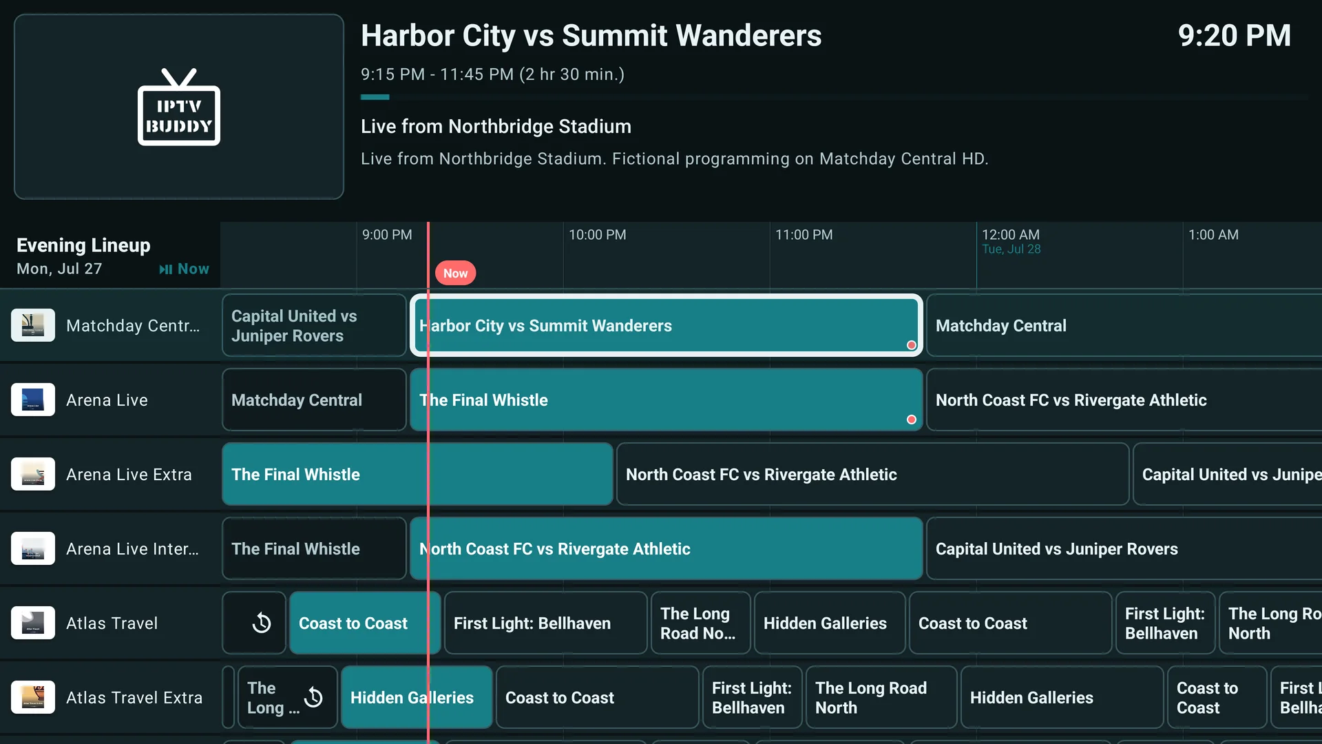 Full IPTV Buddy programme guide with multiple channels and catch-up markers