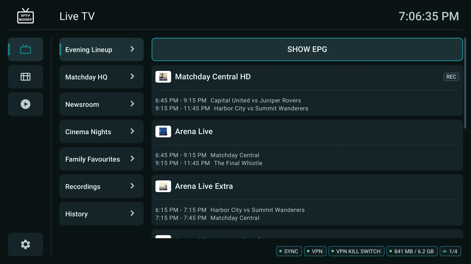 IPTV Buddy TV app with multiple Live TV favourite lists, EPG data, and an active recording