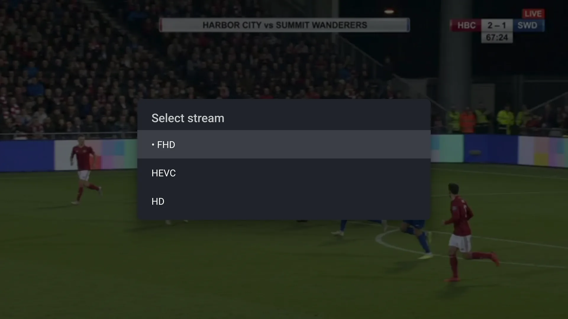 Source selection for multiple available streams over a fictional live football broadcast