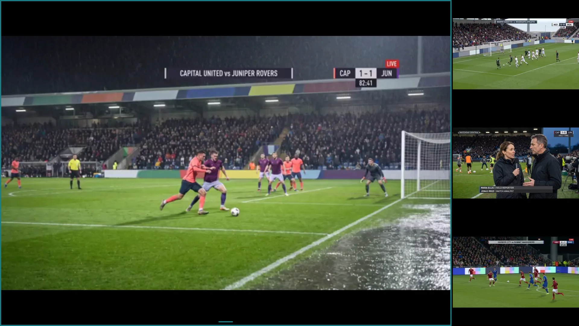 Multi-View layout 4 with one large fictional football broadcast and three smaller streams
