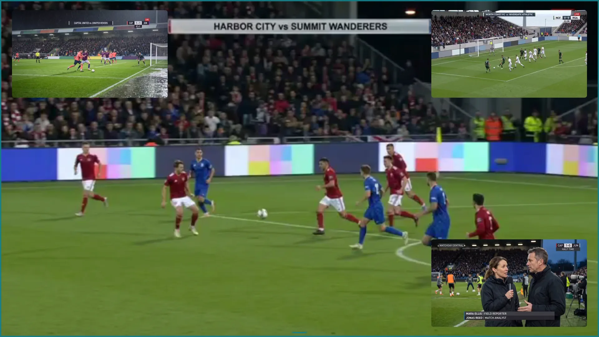 Multi-View layout 1 with one large fictional football broadcast and three movable Picture-in-Picture views