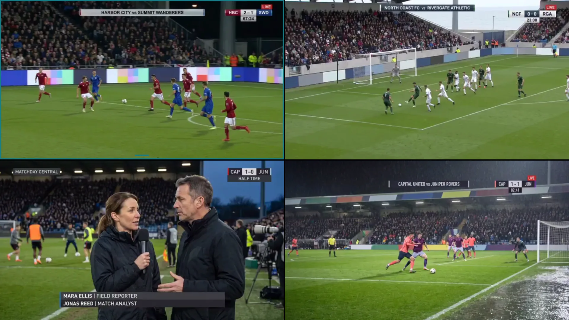 Multi-View layout 2 with four equally sized fictional football broadcasts