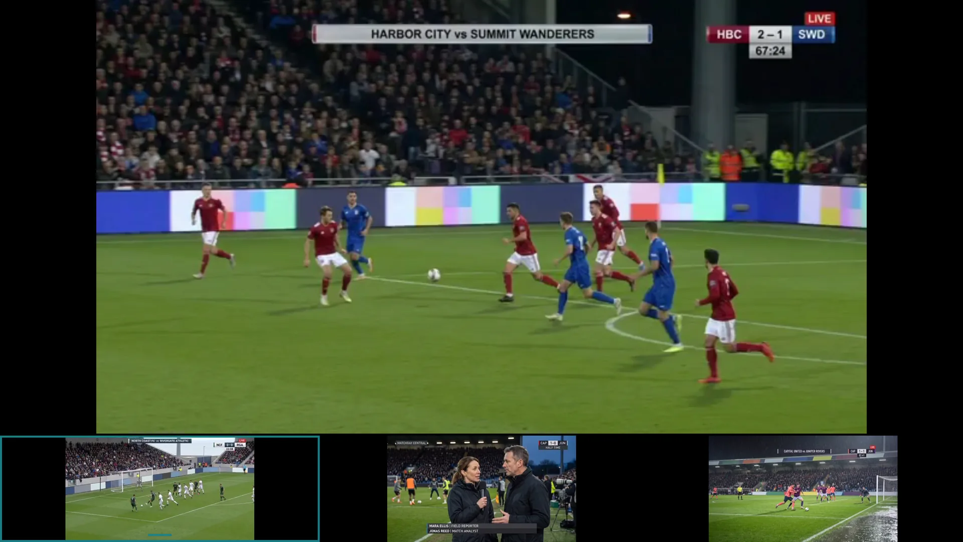 Multi-View layout 3 with one large fictional football broadcast above and three smaller streams below