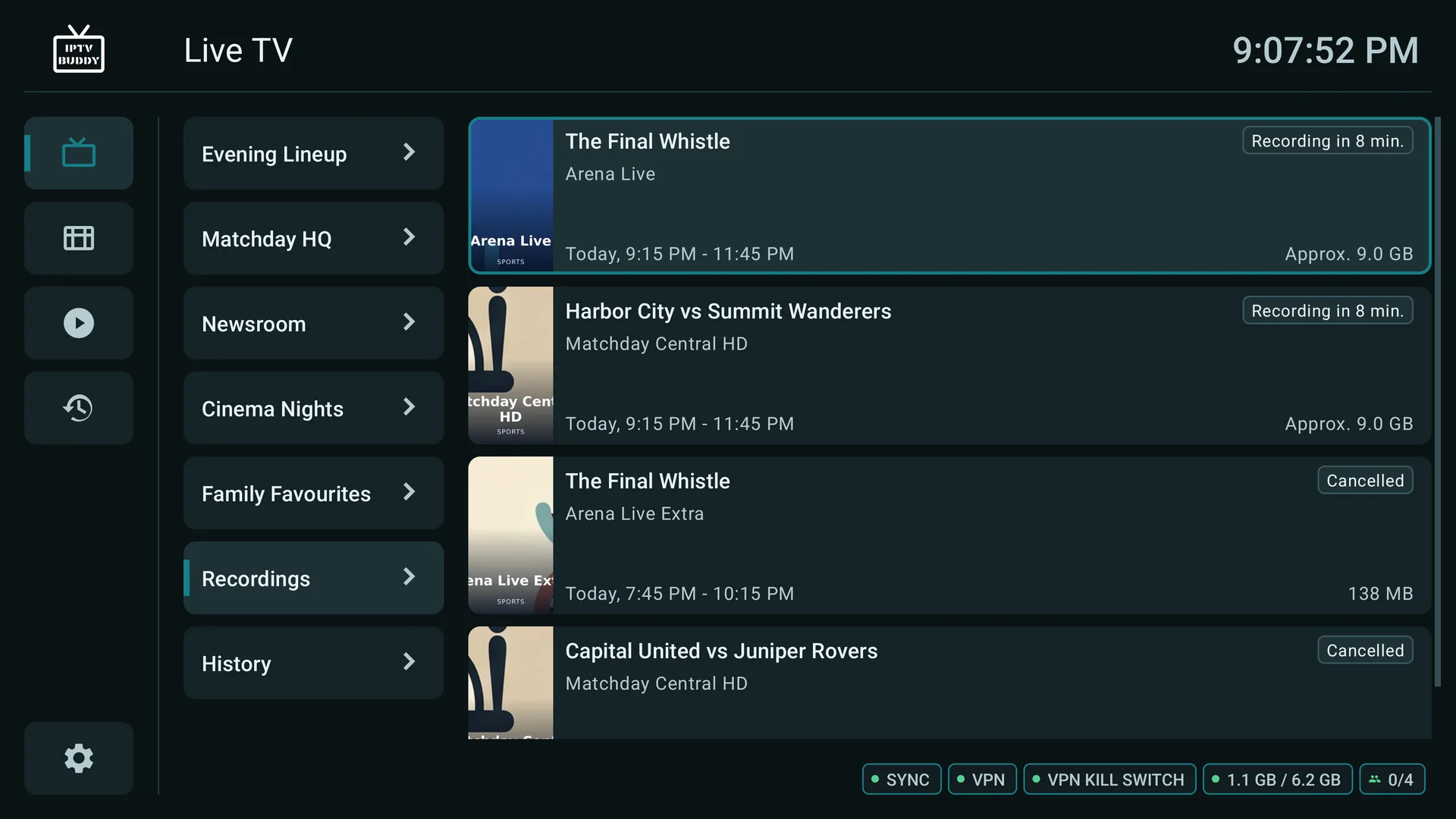 English recordings view with scheduled and completed recordings