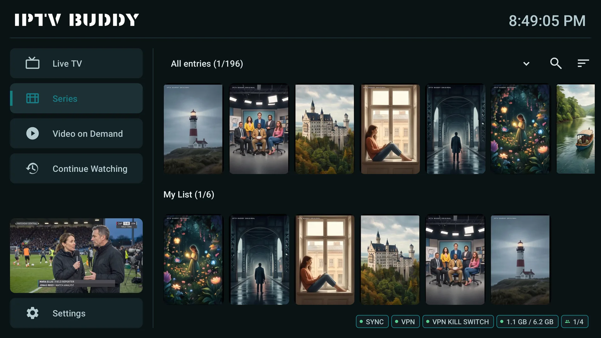 Series library with a personal list in the IPTV Buddy TV app