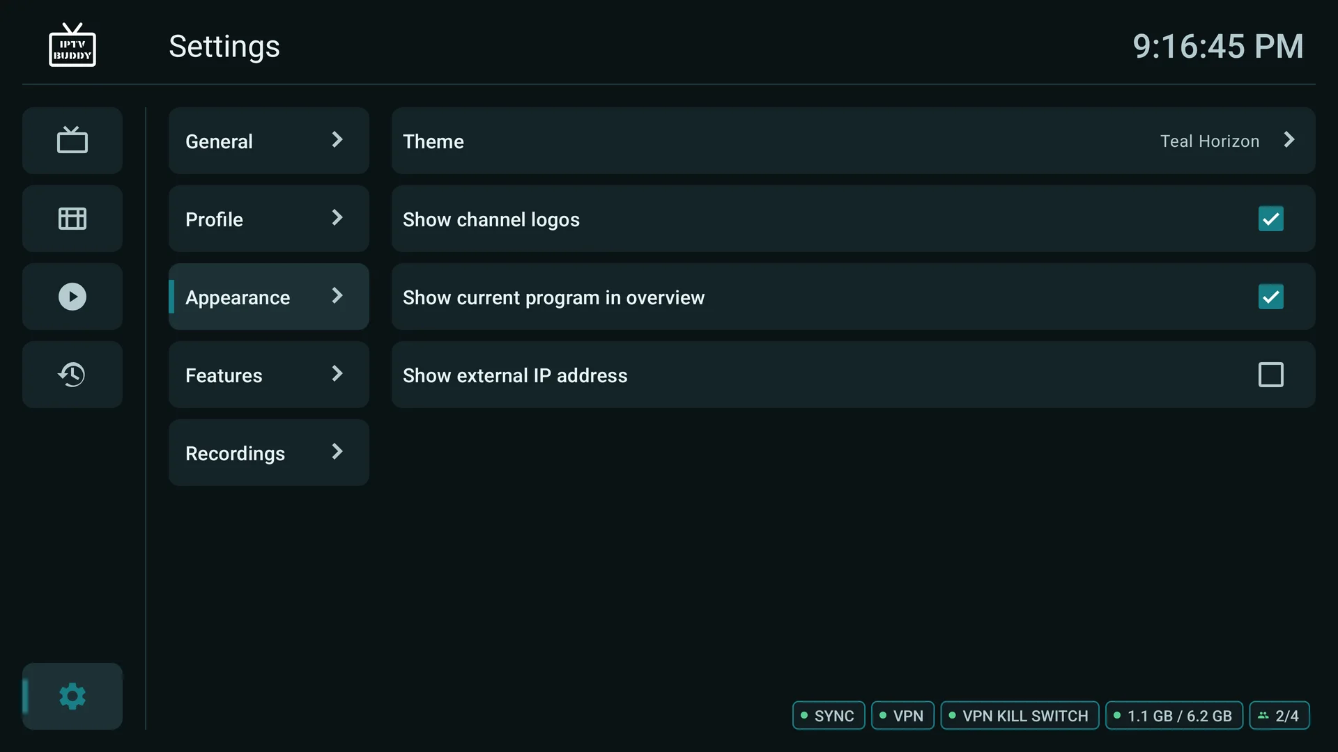 Appearance settings with theme, channel logos, and EPG overview