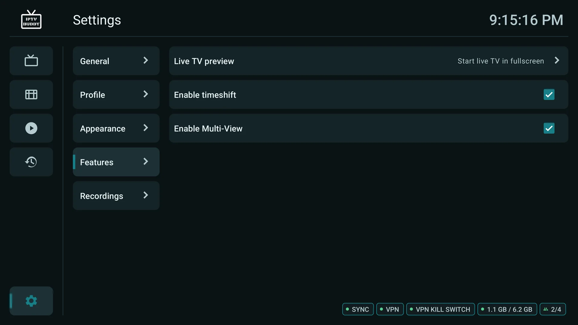 Feature settings with TimeShift and Multi-View enabled