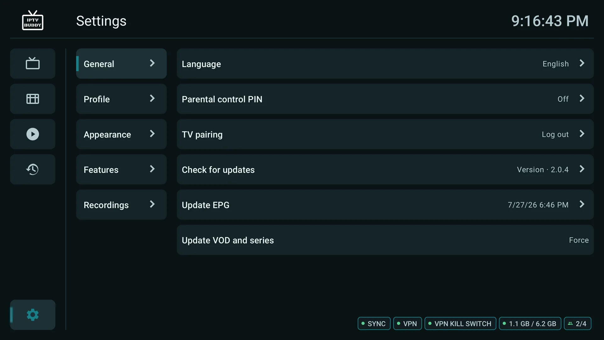 General settings in the IPTV Buddy TV app