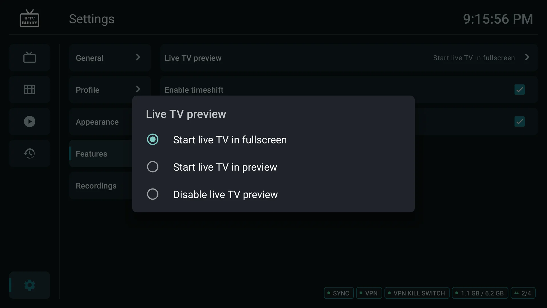 Live TV start selection with fullscreen and preview options
