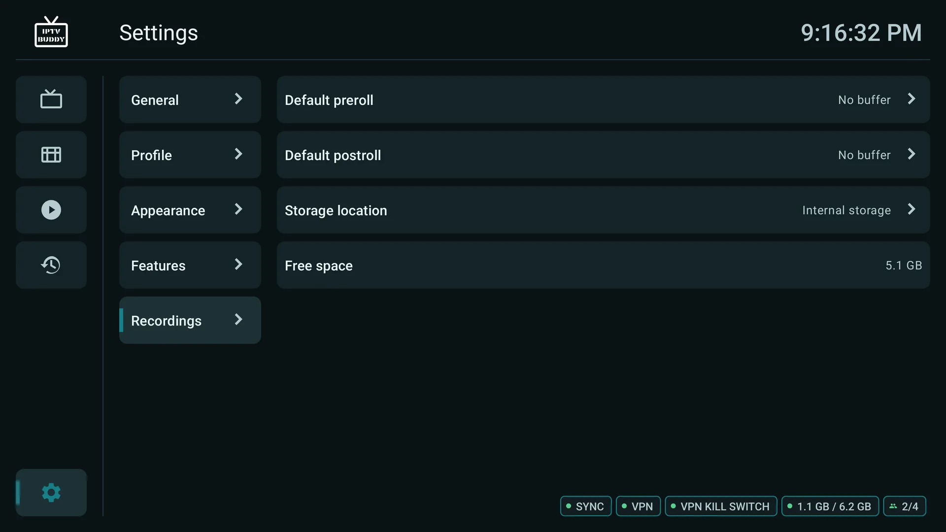 Recording settings with pre-roll, post-roll, storage location, and free space