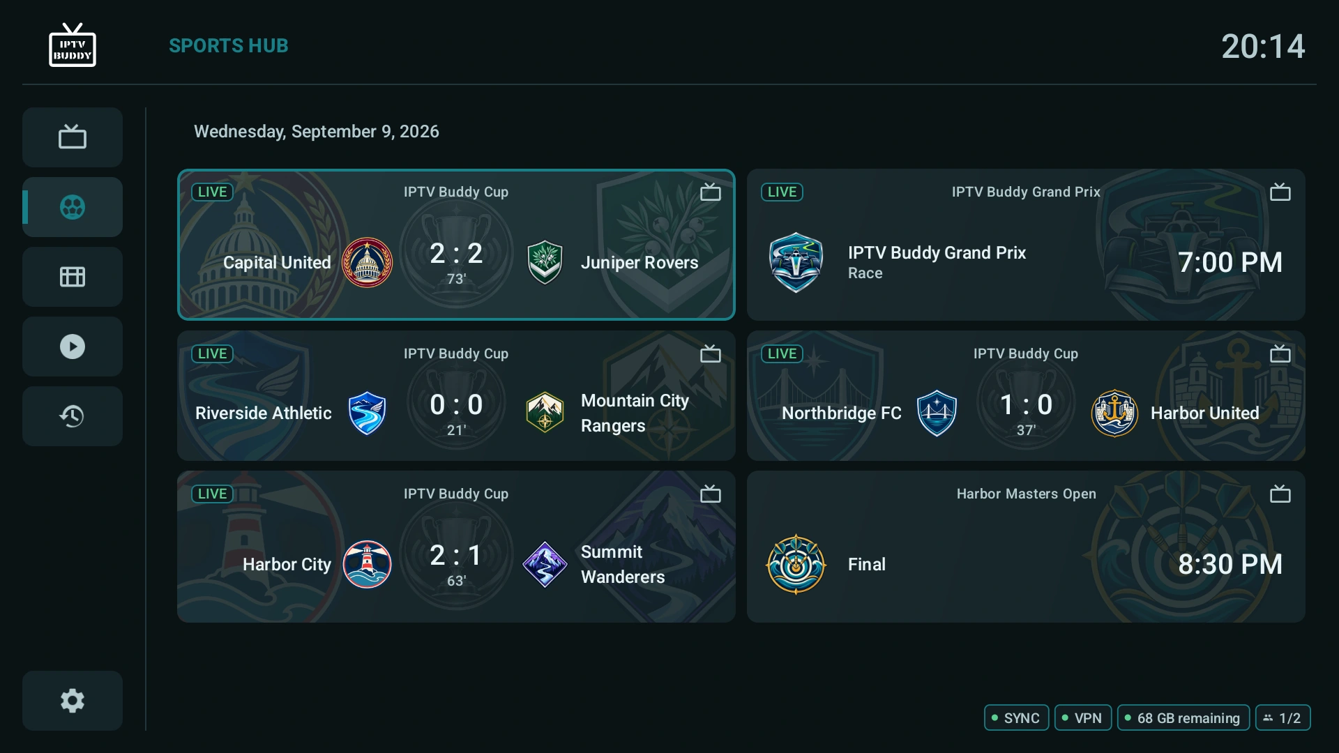 IPTV Buddy TV app Sports Hub with six fictional football, motorsport, and darts events, four live football scores, team crests, and competition logos