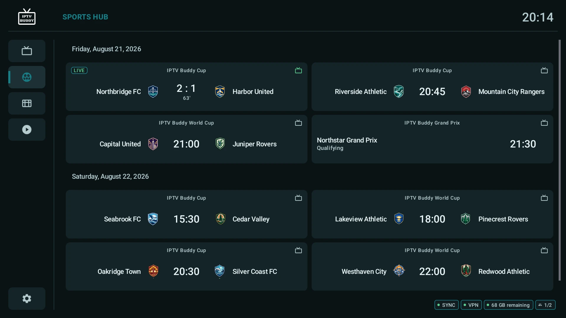 IPTV Buddy TV app Sports Hub with eight fictional sports events, one live match, and 14 custom fictional team badges