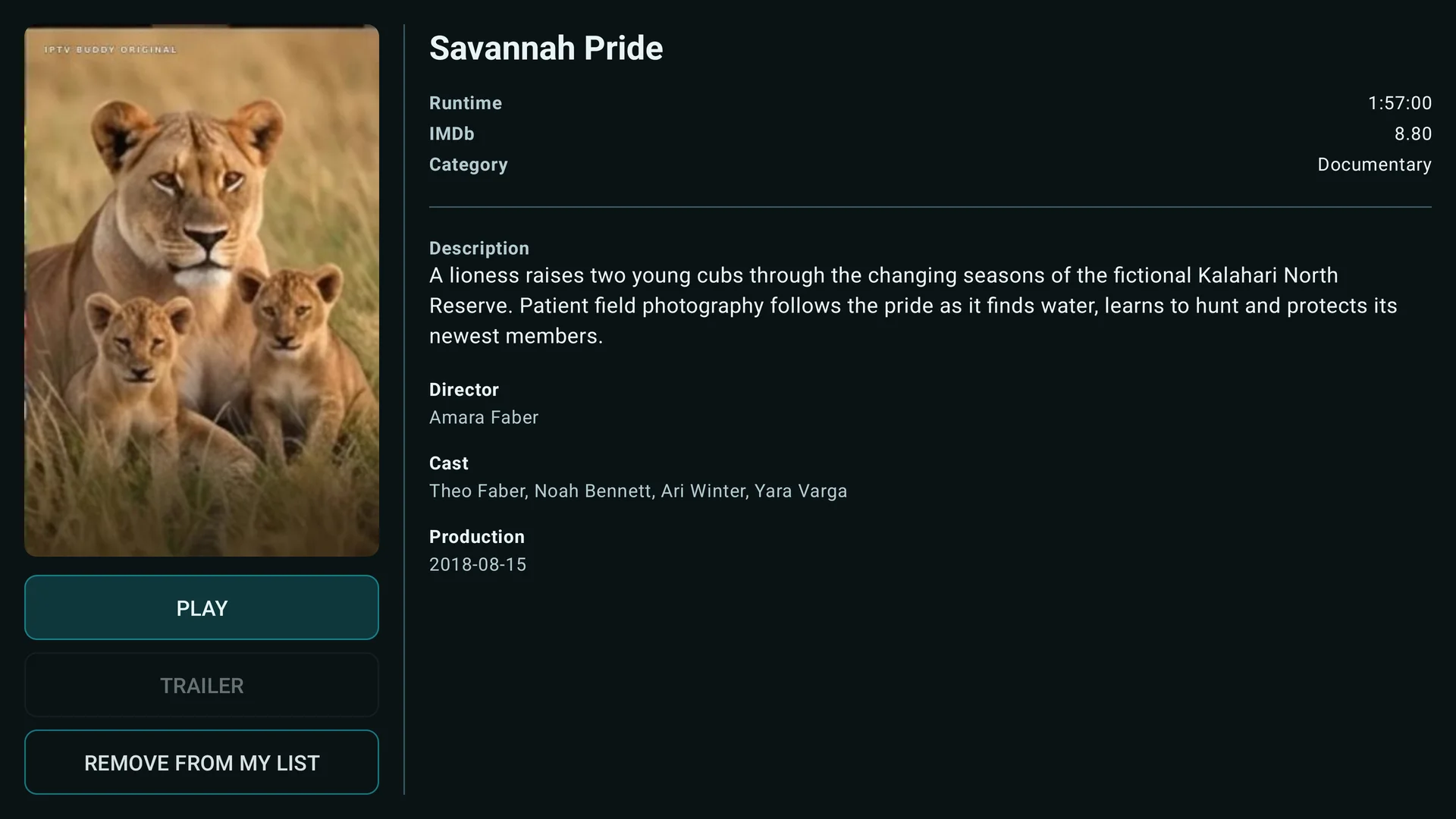 Detail view of the fictional documentary Savannah Pride with runtime, rating, genre, and description