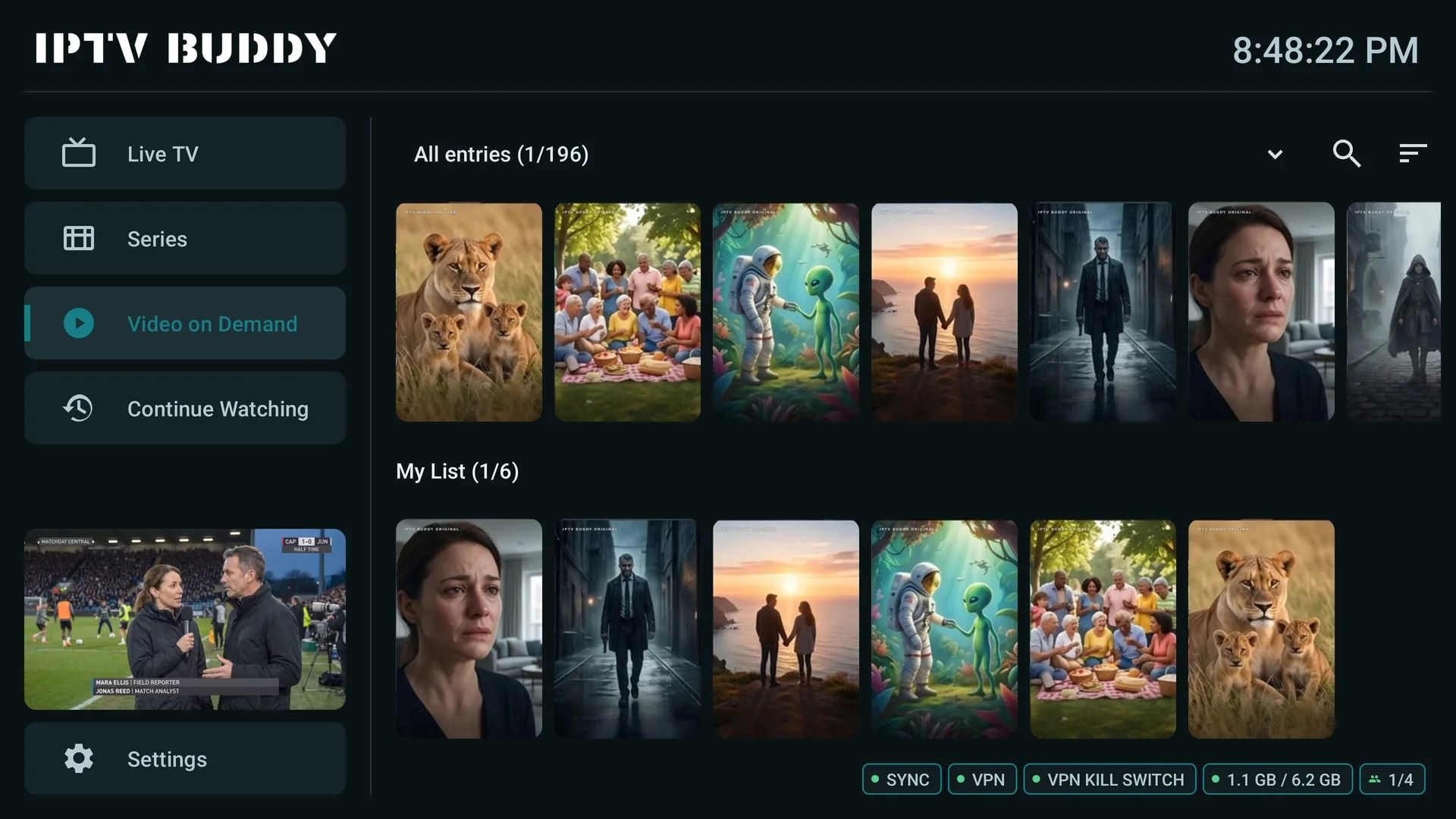 Video-on-demand library with a personal list in the IPTV Buddy TV app